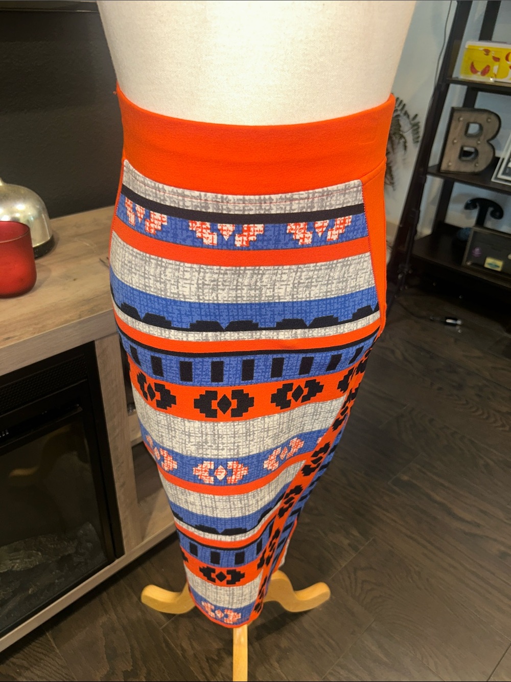 Gianni Bini Orange and Blue Aztec-Print Pencil Skirt